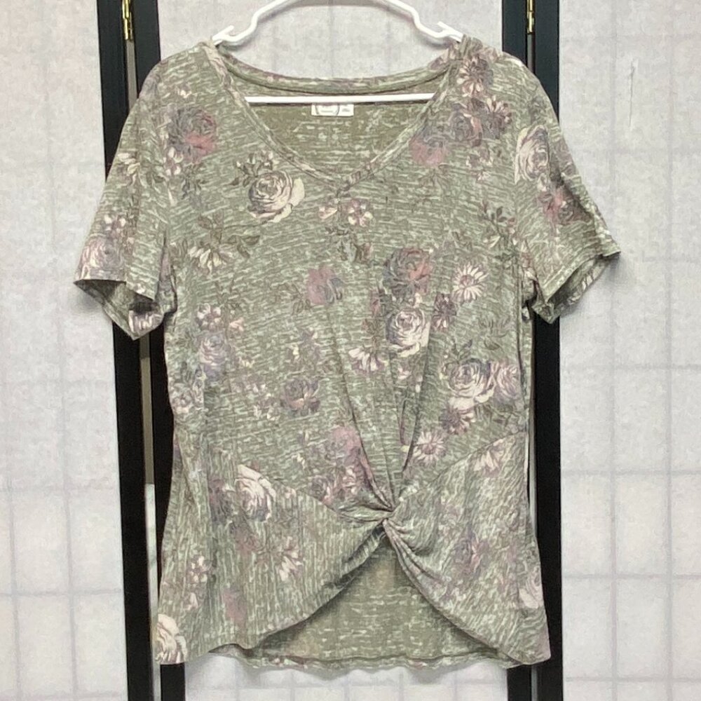 Maurices 24/7 Knot Waist Rose Print Burnout Tee XL Grey Pink Purple Short Sleeve
